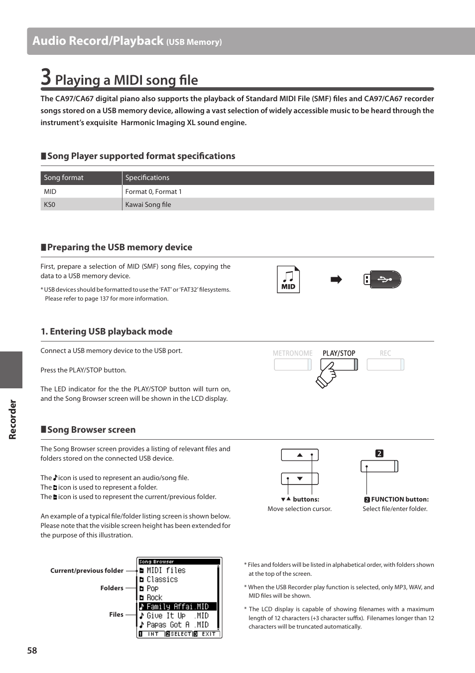 Playing a midi song file, Audio record/playback, Re corde r | Kawai CA97 User Manual | Page 58 / 152