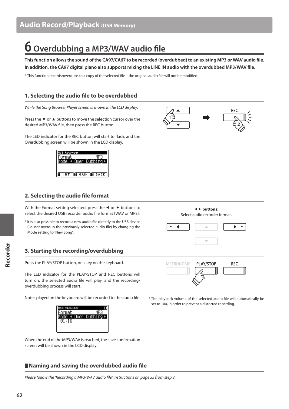 Overdubbing a mp3/wav audio file, Audio record/playback, Re corde r | Kawai CA97 User Manual | Page 62 / 152