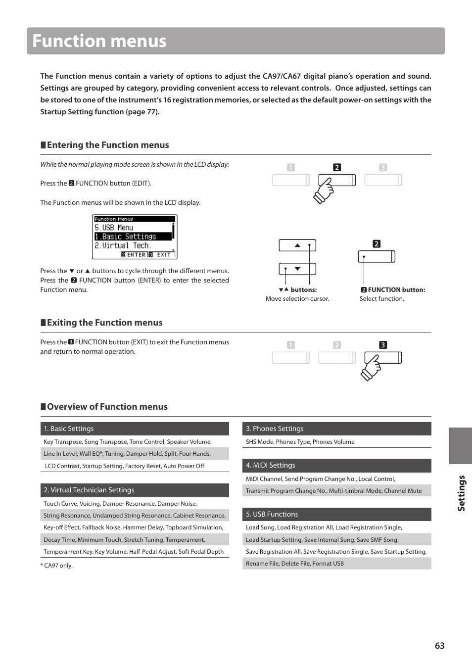 Function menus, Set tings, Entering the function menus | Exiting the function menus, Overview of function menus | Kawai CA97 User Manual | Page 63 / 152