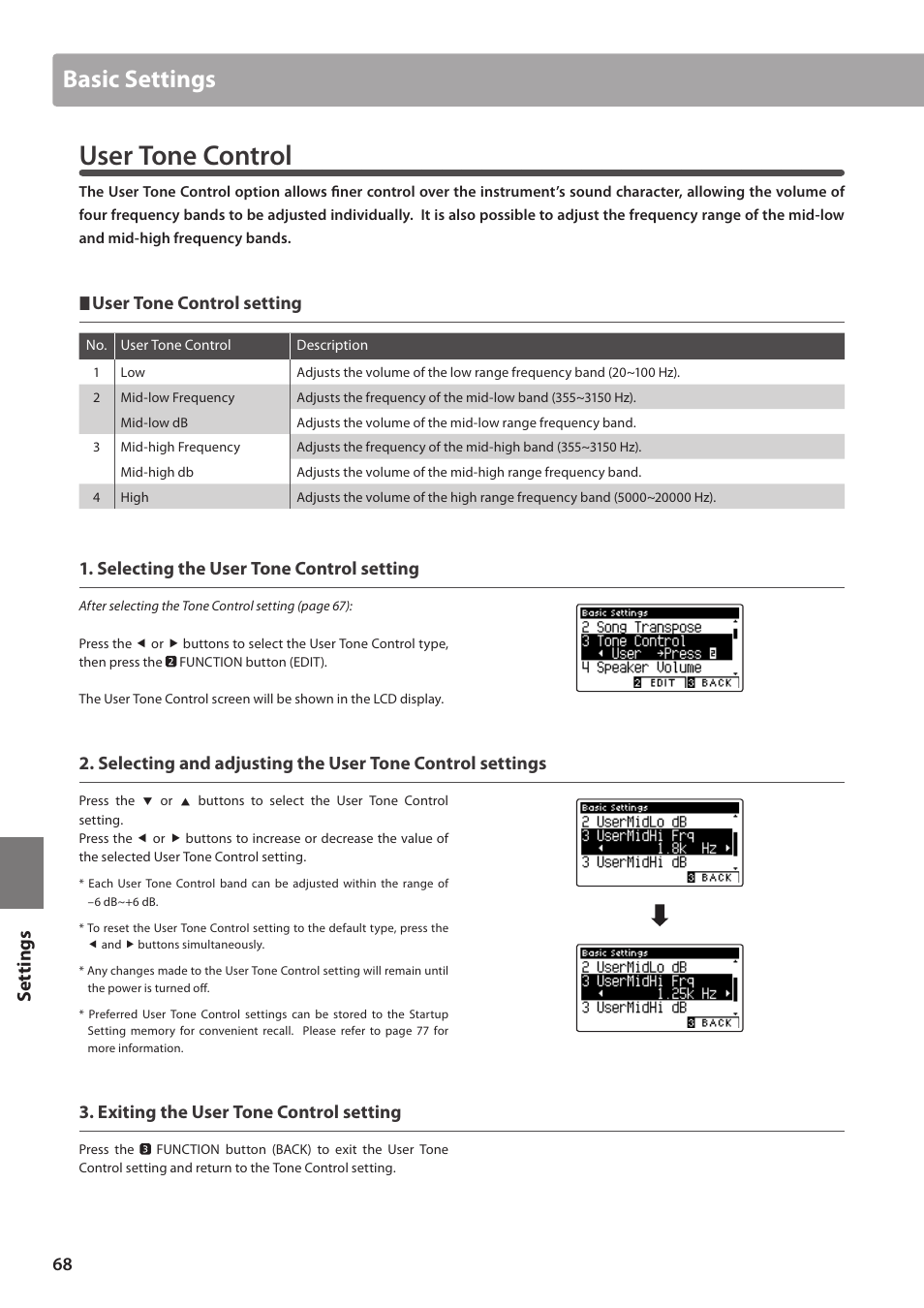 User tone control, Basic settings, Set tings | User tone control setting, Selecting the user tone control setting, Exiting the user tone control setting | Kawai CA97 User Manual | Page 68 / 152