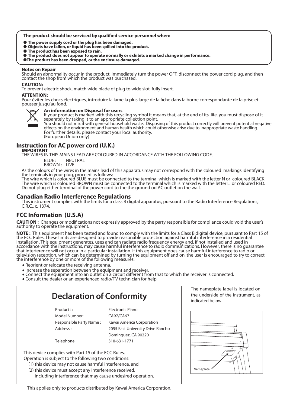 Declaration of conformity | Kawai CA97 User Manual | Page 7 / 152