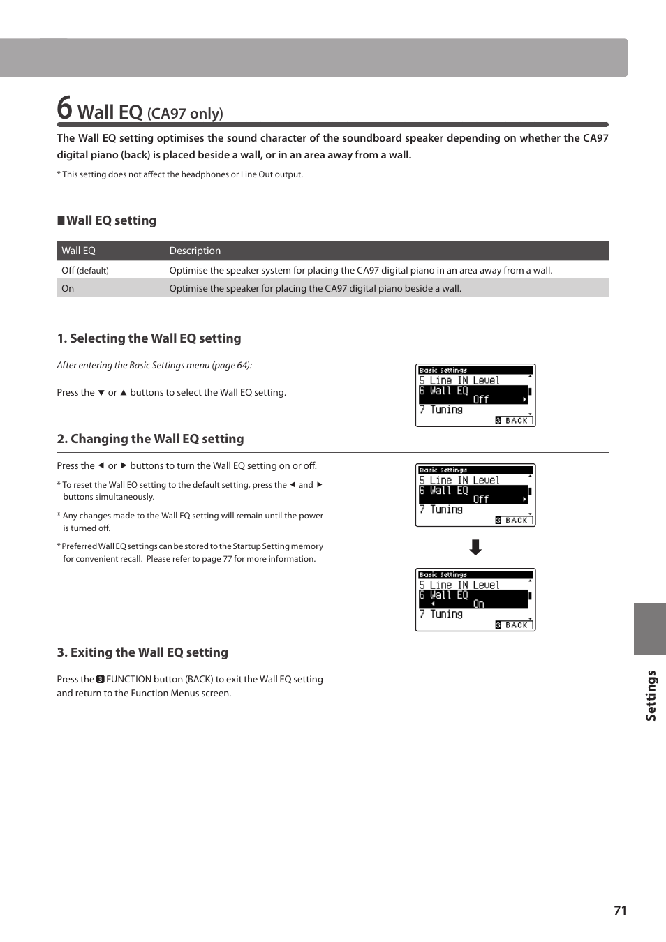 Wall eq, Ca97 only), Set tings | Kawai CA97 User Manual | Page 71 / 152