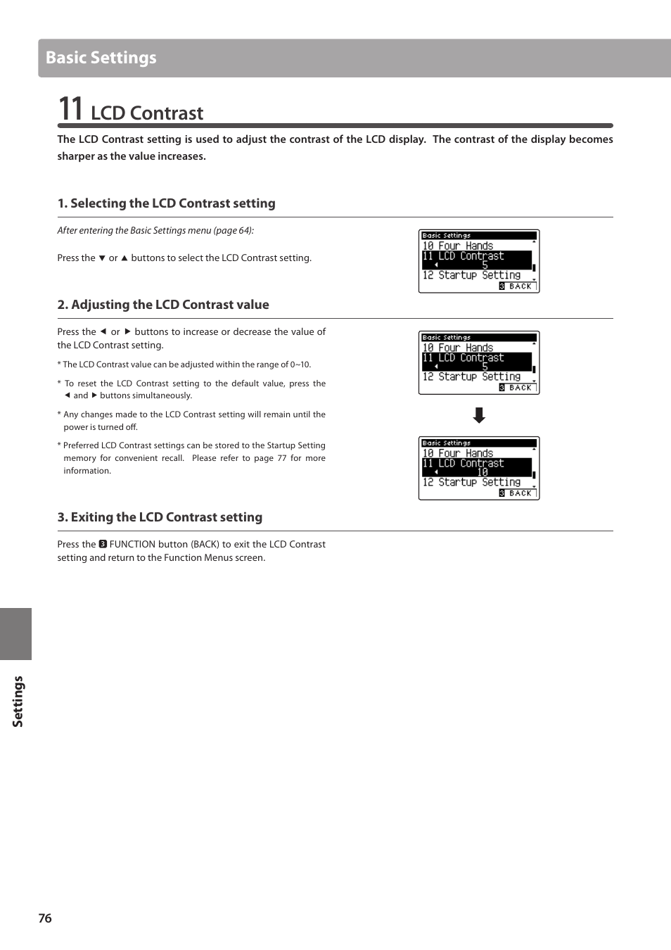 Lcd contrast, Basic settings | Kawai CA97 User Manual | Page 76 / 152