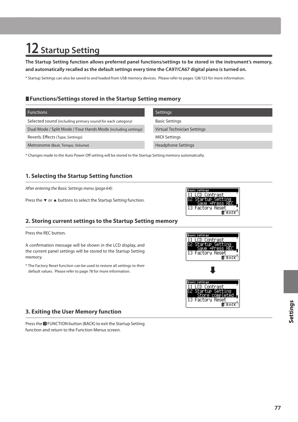 Startup setting, Set tings | Kawai CA97 User Manual | Page 77 / 152