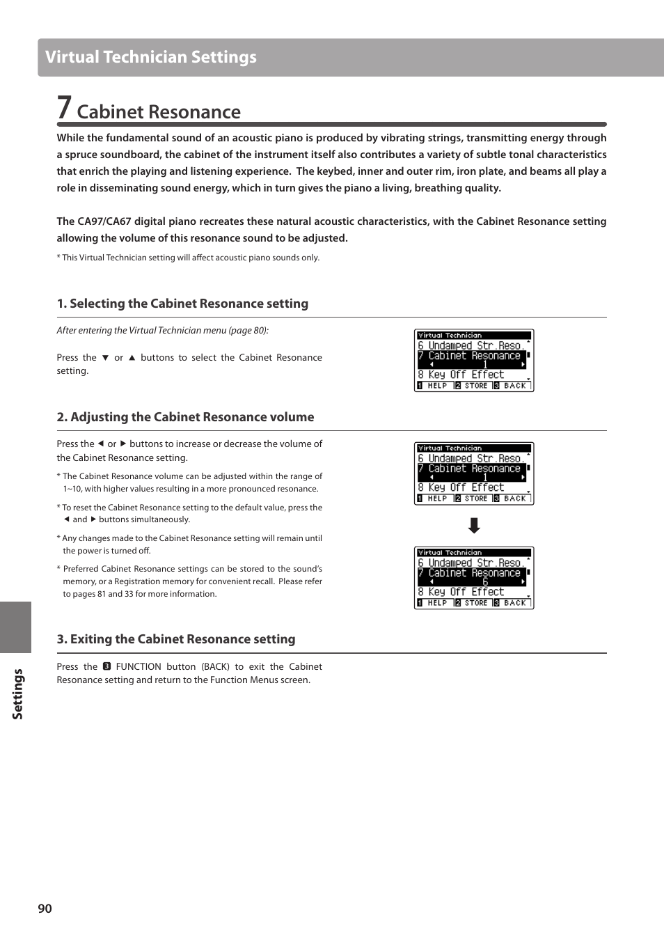 Cabinet resonance, Virtual technician settings, Set tings | Kawai CA97 User Manual | Page 90 / 152