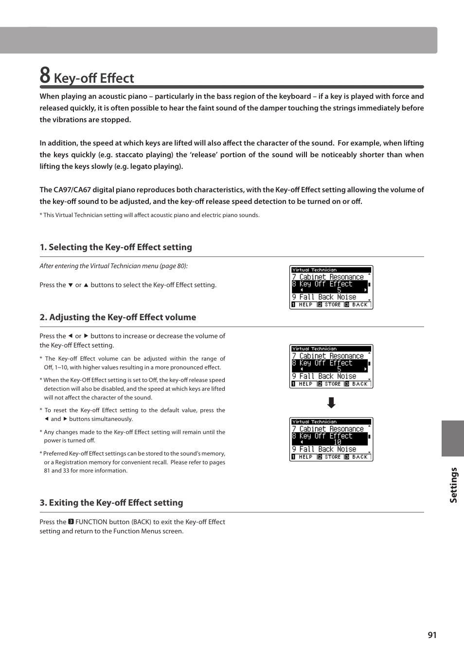Key-off effect, Set tings | Kawai CA97 User Manual | Page 91 / 152
