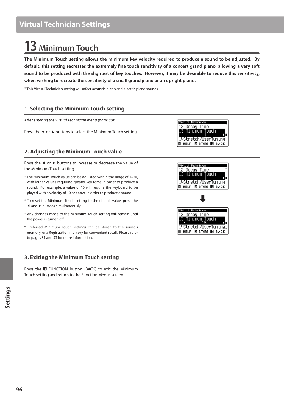 Minimum touch, Virtual technician settings, Set tings | Kawai CA97 User Manual | Page 96 / 152