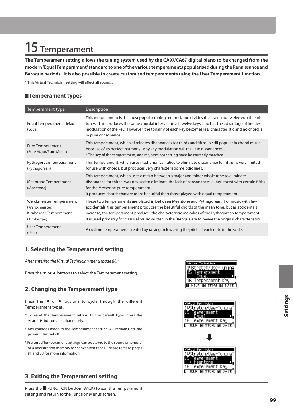 Temperament, Set tings, Temperament types | Selecting the temperament setting, Changing the temperament type, Exiting the temperament setting | Kawai CA97 User Manual | Page 99 / 152