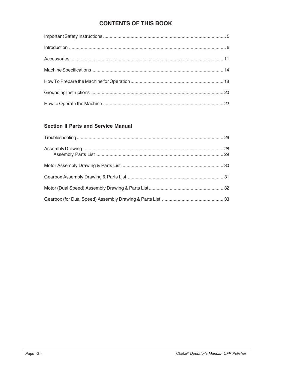 Contents of this book | Clarke CFP-2000DS User Manual | Page 2 / 36