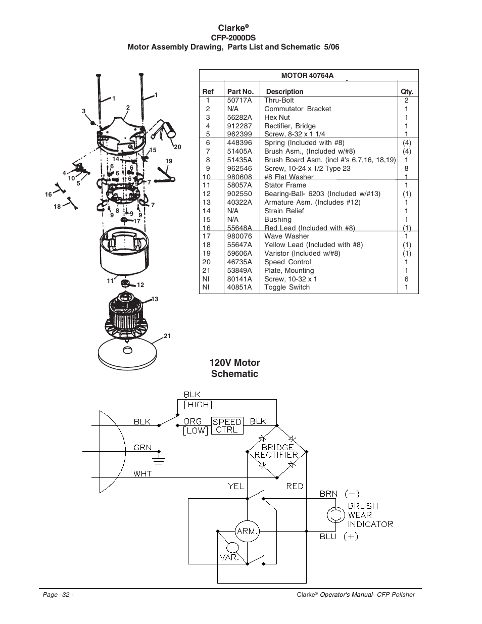 120v motor schematic, Clarke | Clarke CFP-2000DS User Manual | Page 32 / 36