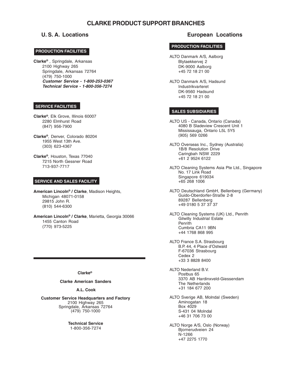 Clarke product support branches, U. s. a. locations european locations | Clarke CFP-2000DS User Manual | Page 35 / 36