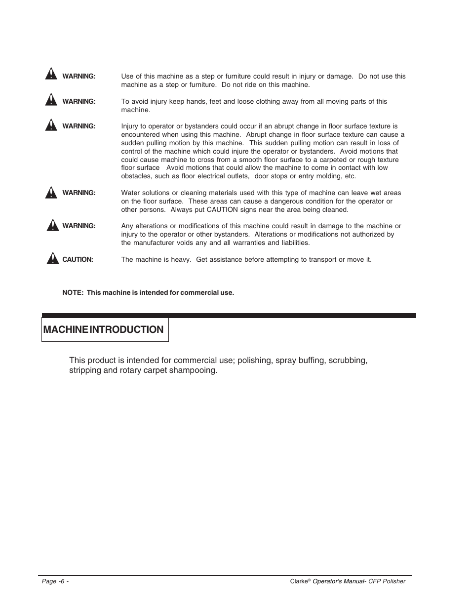 Machine introduction | Clarke CFP-2000DS User Manual | Page 6 / 36