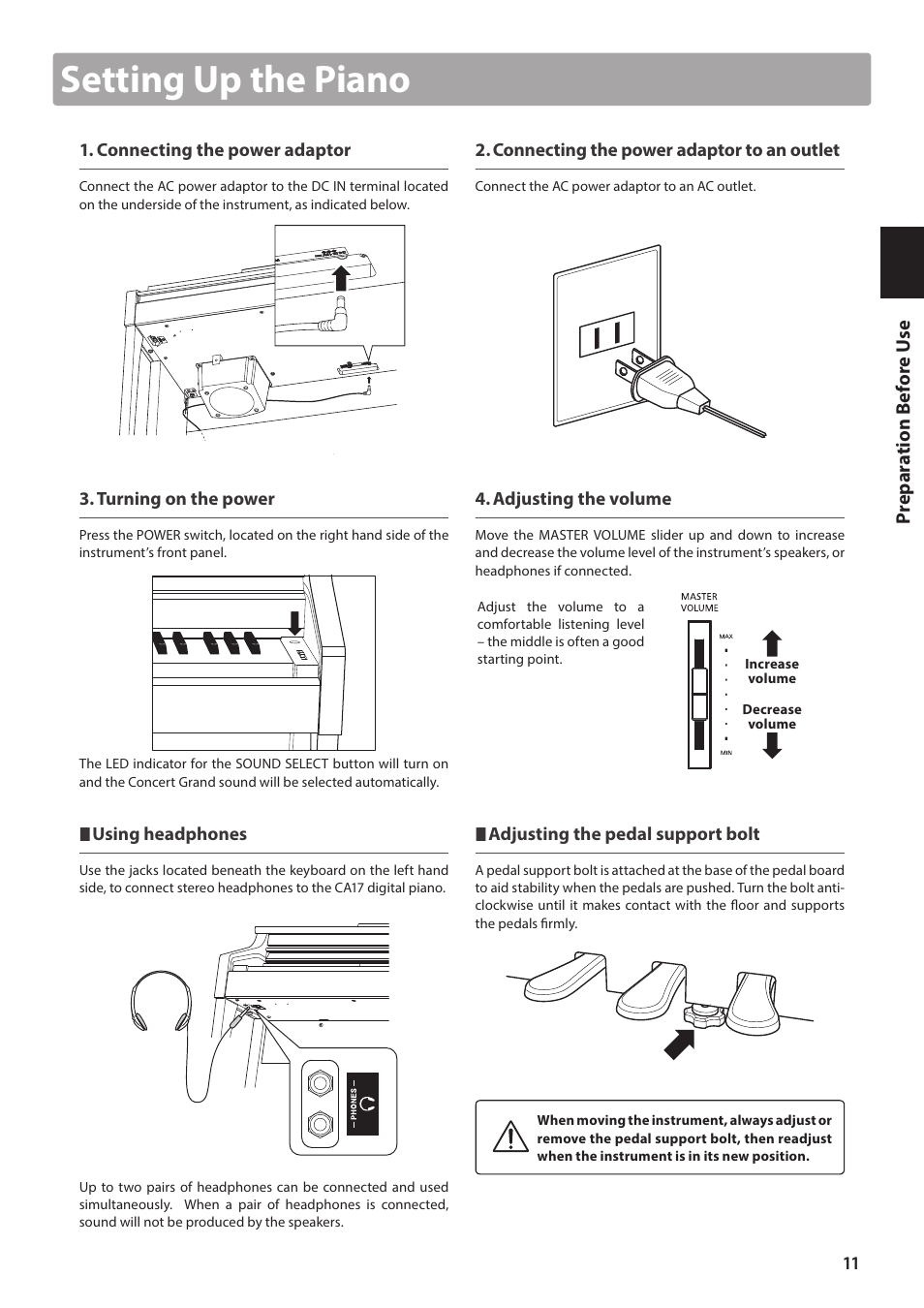 Setting up the piano | Kawai CA17 User Manual | Page 11 / 52