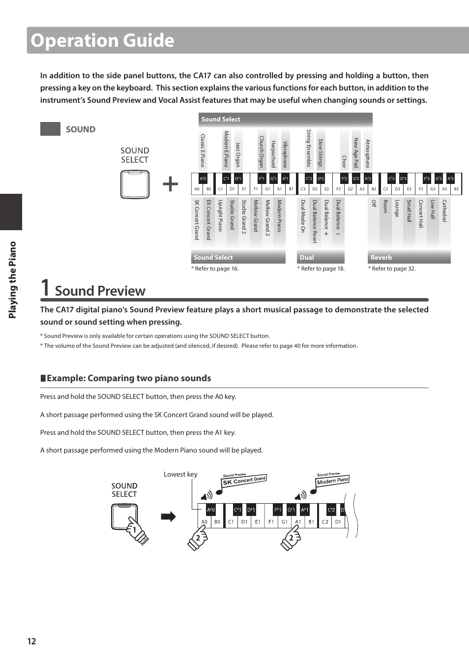 Operation guide, Sound preview, Pl ay ing the p iano | Example: comparing two piano sounds, Sound, Lowest key, Sound select, Setting value, Shs mode sound select, Reverb | Kawai CA17 User Manual | Page 12 / 52