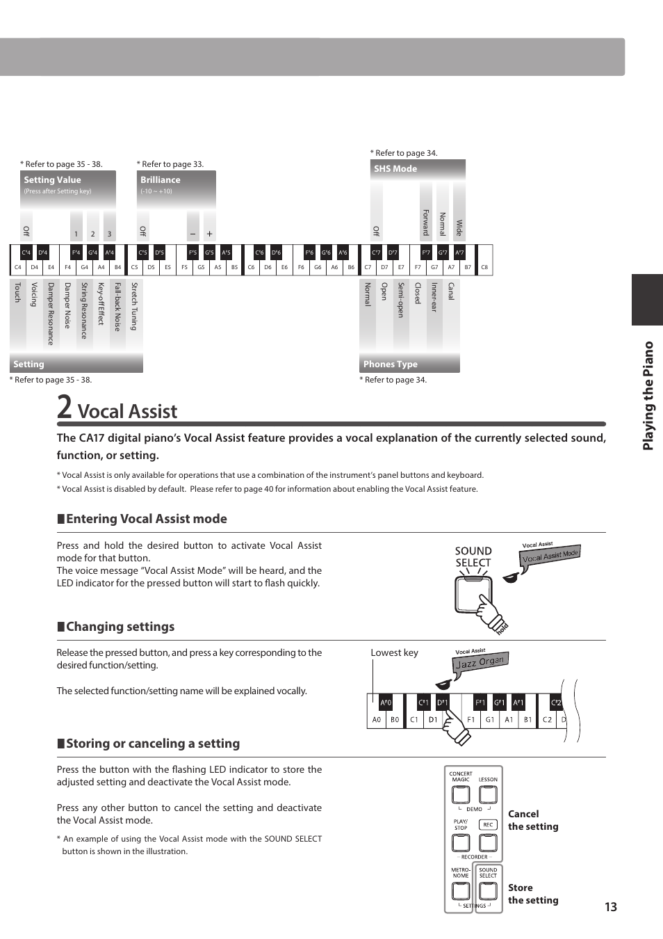 Operation guide, Vocal assist, Pl ay ing the p iano | Entering vocal assist mode, Changing settings, Storing or canceling a setting, Lowest key cancel the setting store the setting | Kawai CA17 User Manual | Page 13 / 52