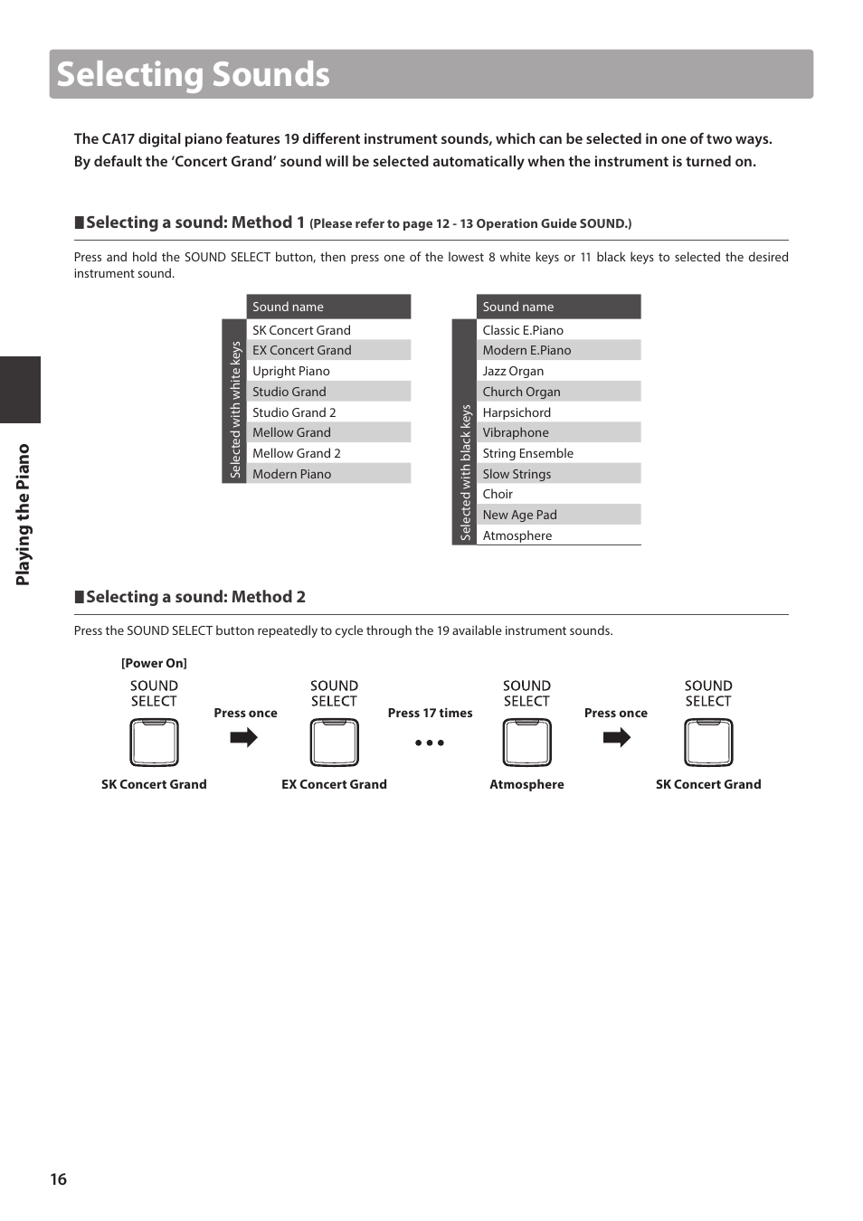 Selecting sounds, Pl ay ing the p iano, Selecting a sound: method 1 | Selecting a sound: method 2 | Kawai CA17 User Manual | Page 16 / 52