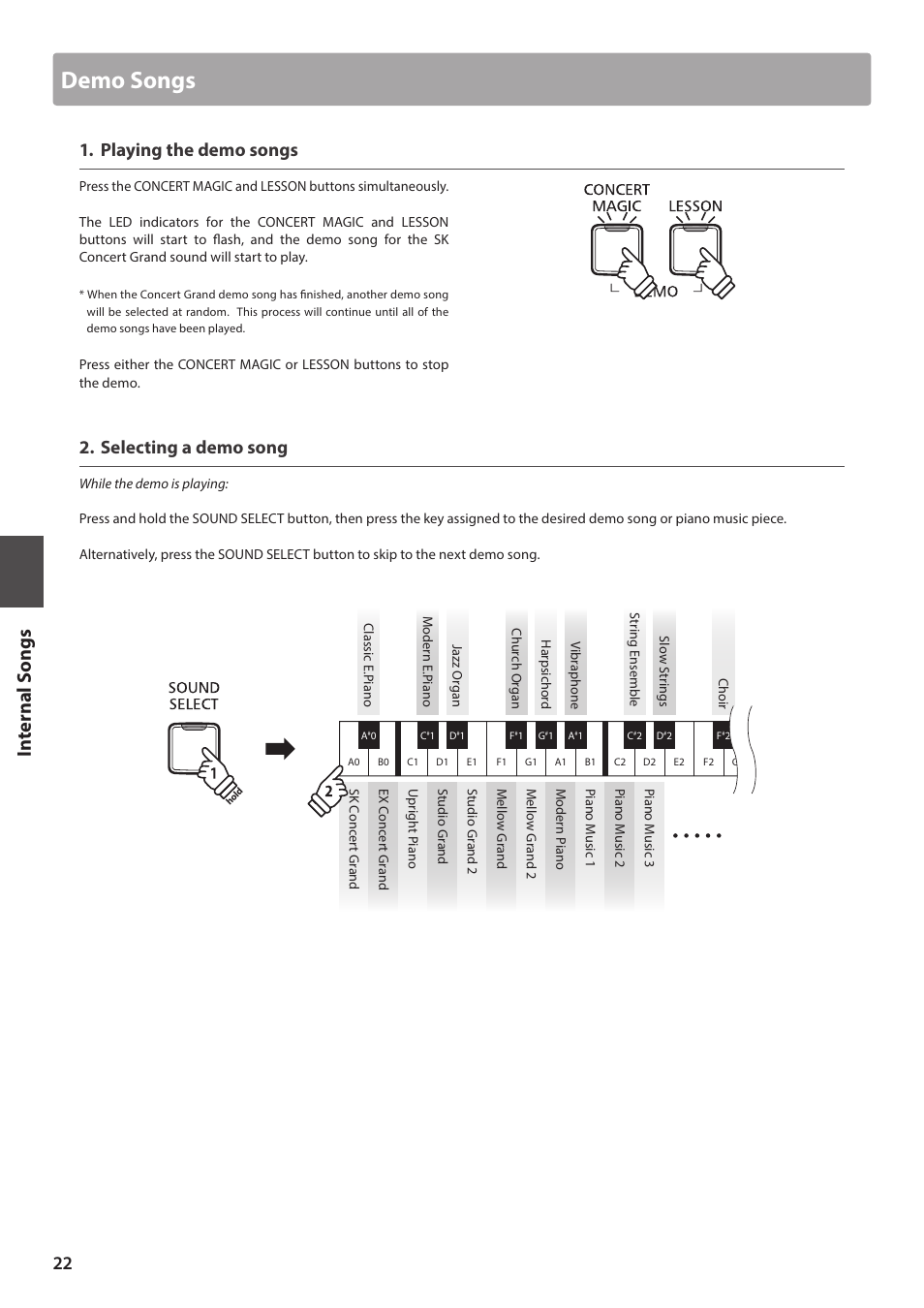 Demo songs, Playing the demo songs, Selecting a demo song | Kawai CA17 User Manual | Page 22 / 52