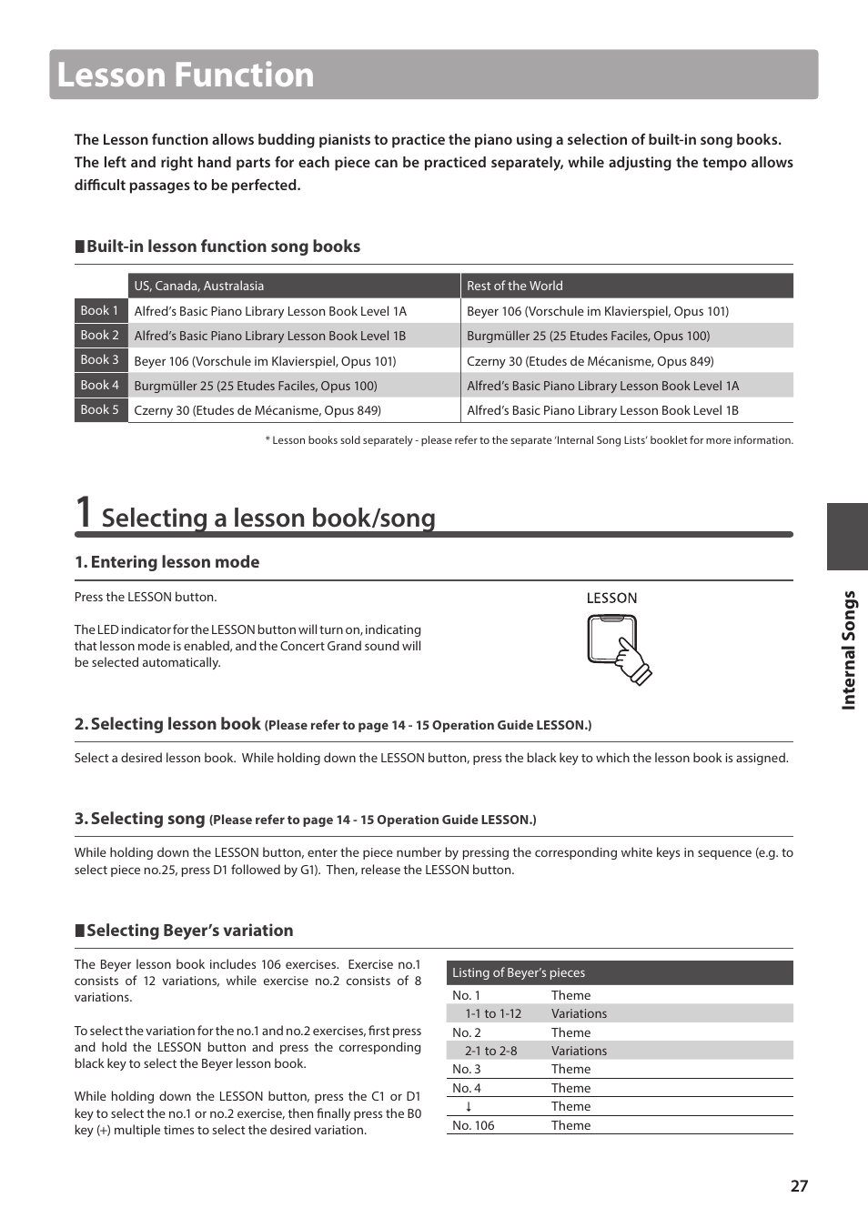 Lesson function, Selecting a lesson book/song | Kawai CA17 User Manual | Page 27 / 52