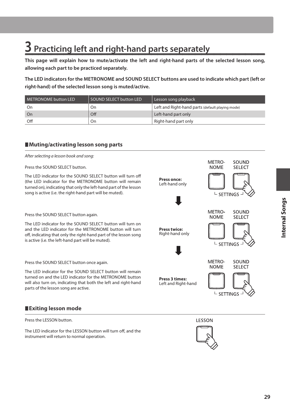 Practicing left and right-hand parts separately, Lesson function | Kawai CA17 User Manual | Page 29 / 52