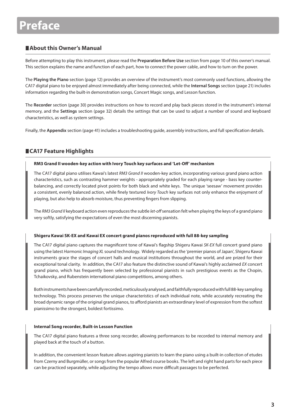 Preface | Kawai CA17 User Manual | Page 3 / 52