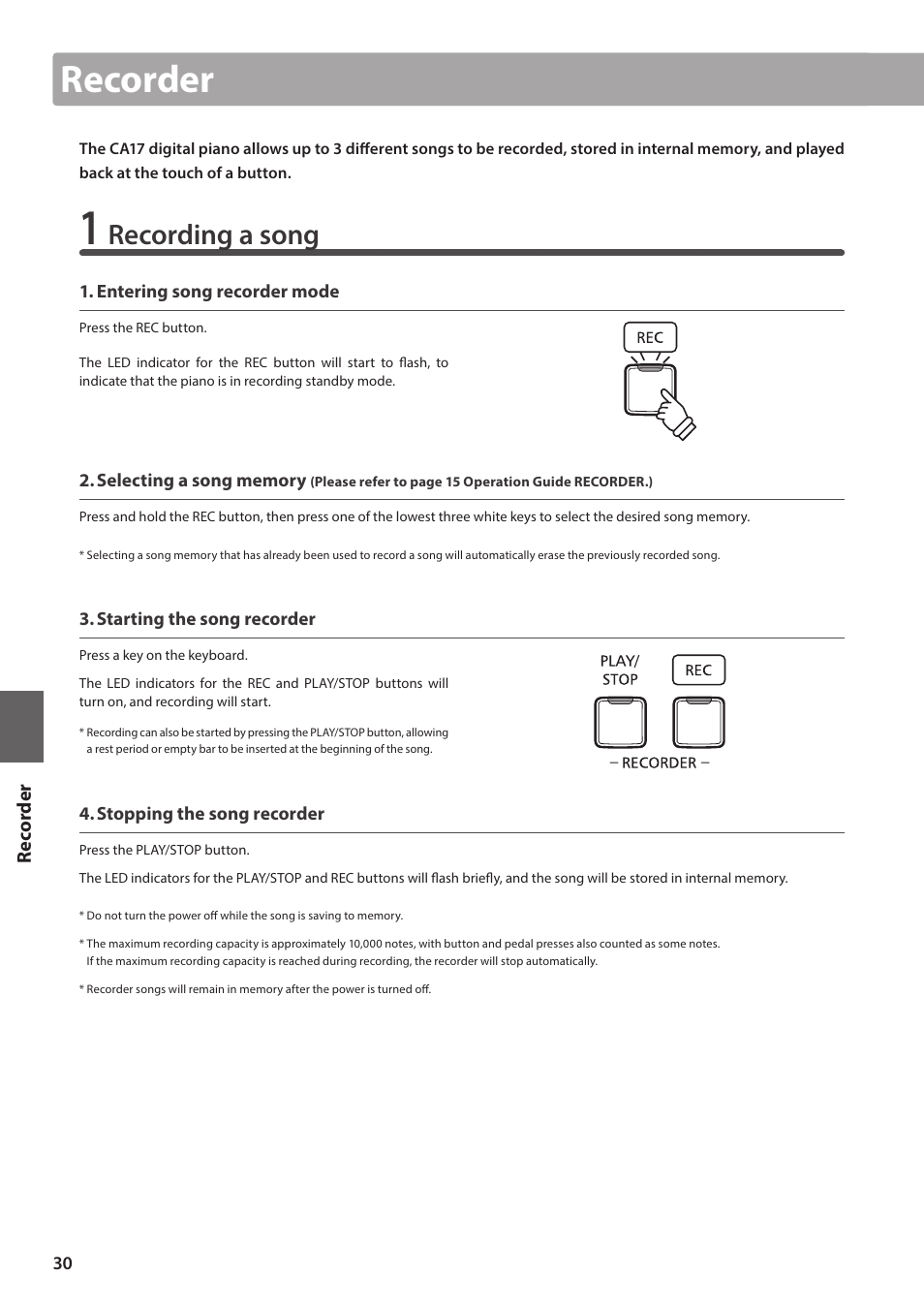 Recorder, Recording a song | Kawai CA17 User Manual | Page 30 / 52