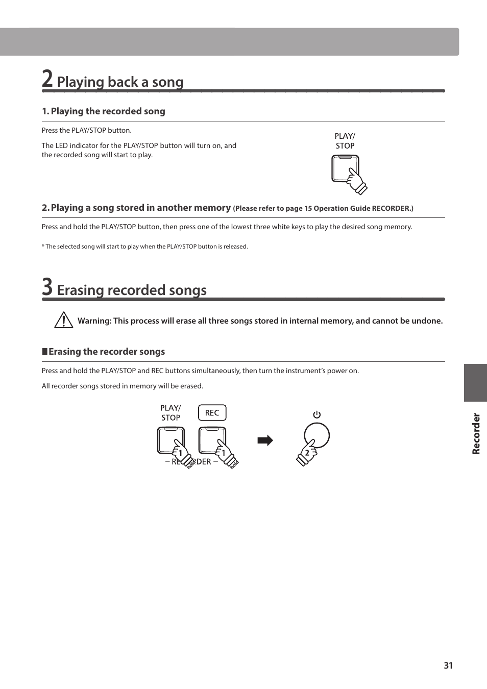 Recorder, Playing back a song, Erasing recorded songs | Kawai CA17 User Manual | Page 31 / 52