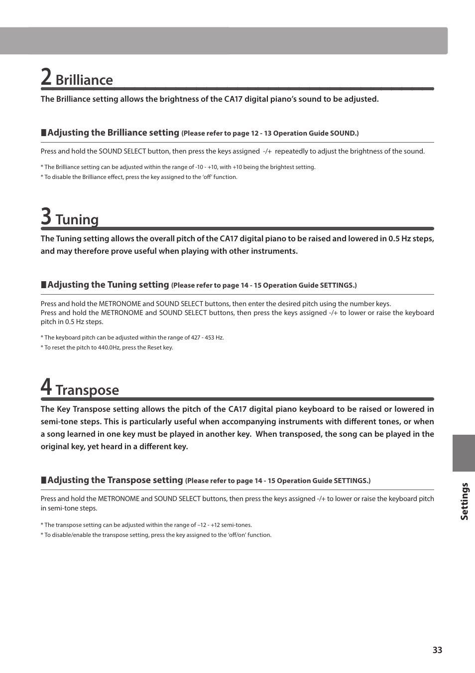 Keyboard and sound settings, Brilliance, Tuning | Transpose | Kawai CA17 User Manual | Page 33 / 52