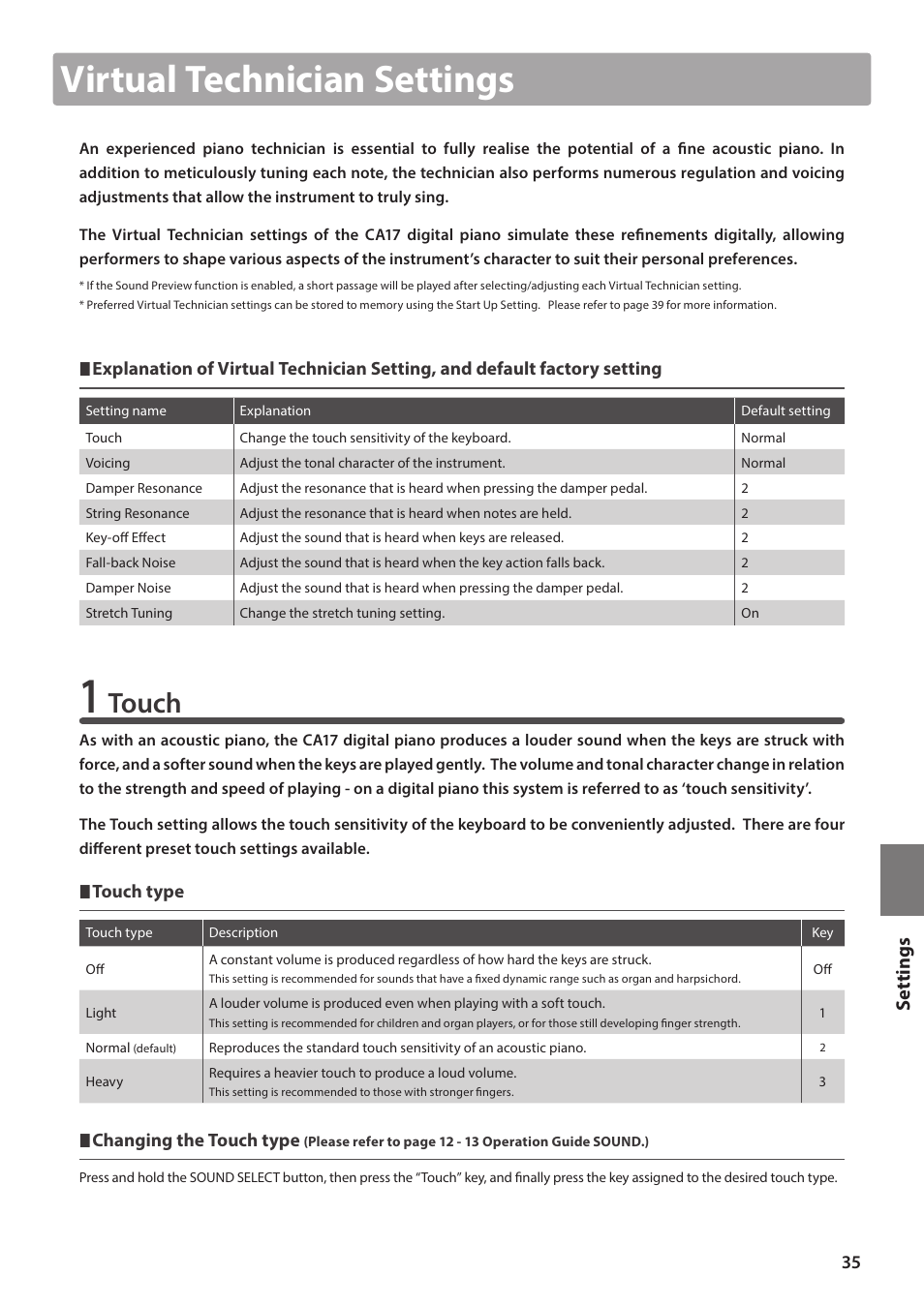 Virtual technician settings, Touch, Se tt ings | Kawai CA17 User Manual | Page 35 / 52