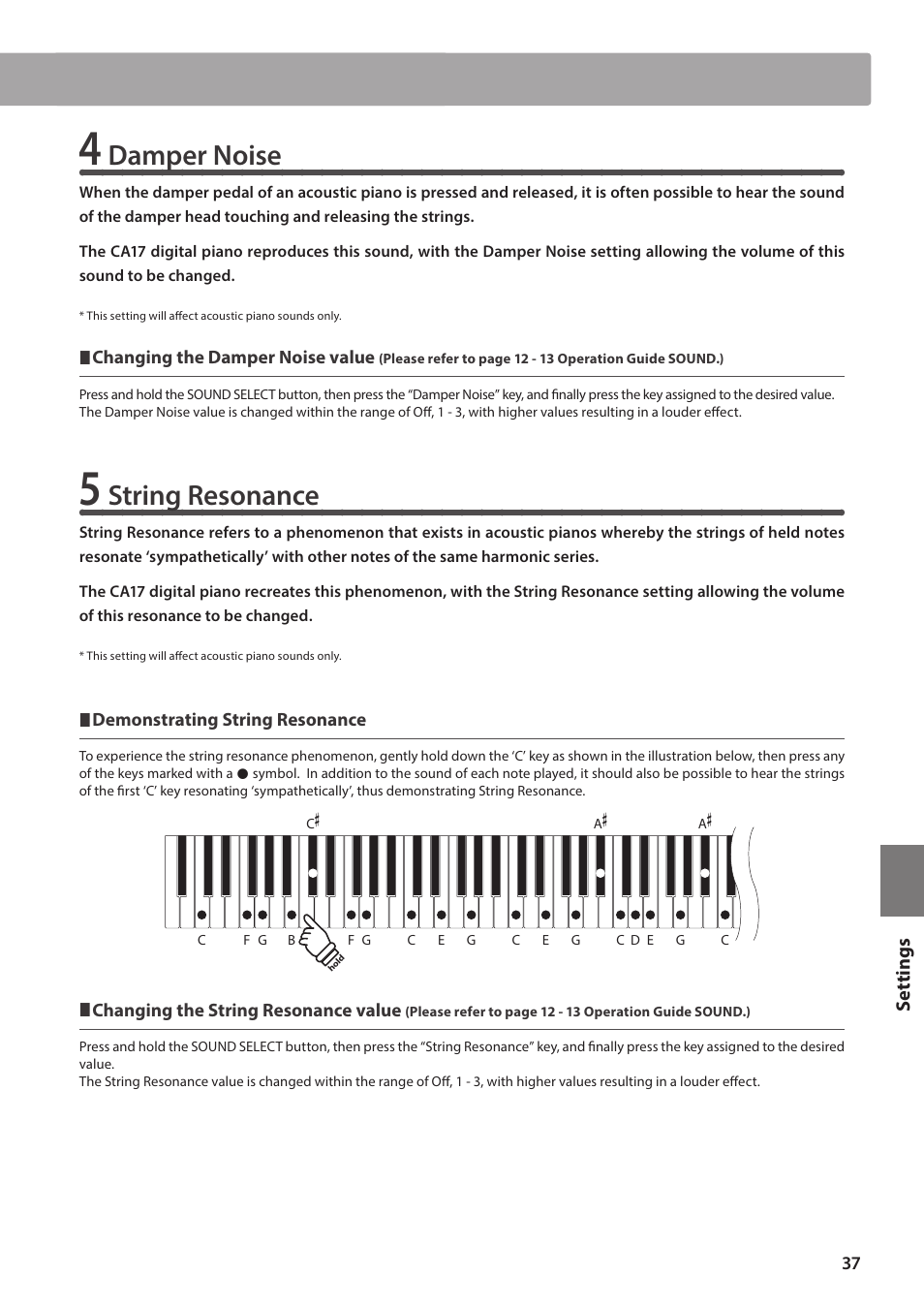 Damper noise, String resonance, Virtual technician settings | Kawai CA17 User Manual | Page 37 / 52