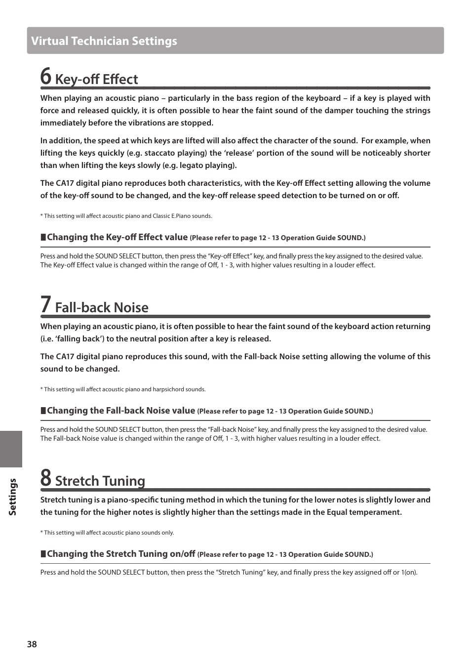 Key-off effect, Fall-back noise, Stretch tuning | Kawai CA17 User Manual | Page 38 / 52