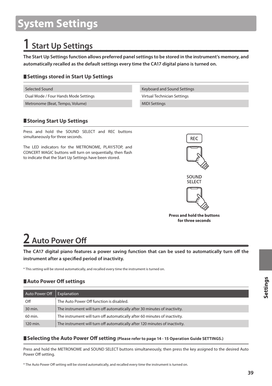 System settings, Start up settings, Auto power off | Kawai CA17 User Manual | Page 39 / 52