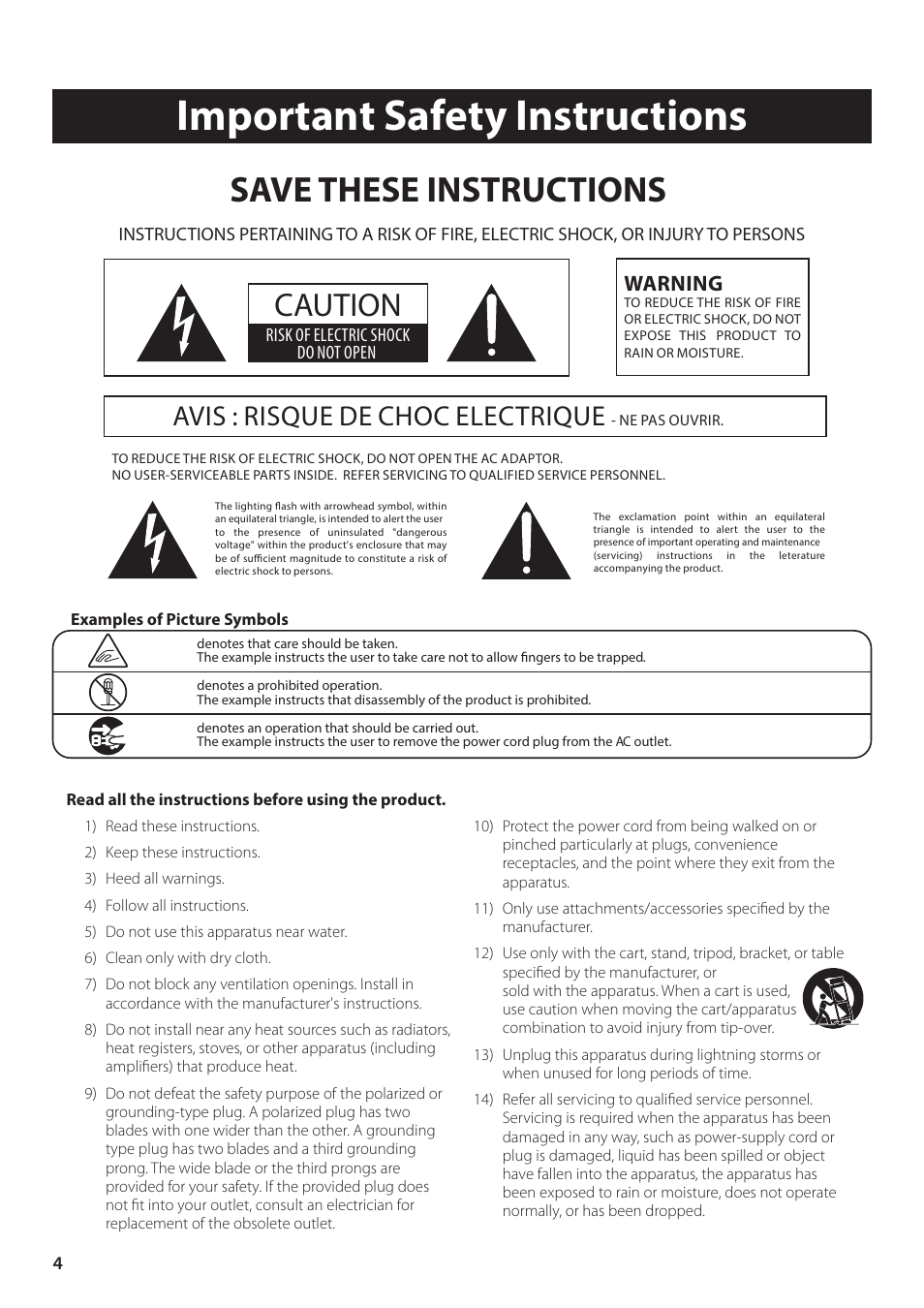 Important safety instructions, Save these instructions, Caution | Warning, Avis : risque de choc electrique | Kawai CA17 User Manual | Page 4 / 52