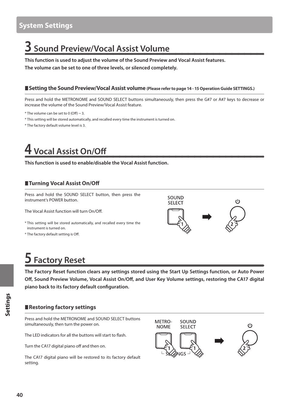 Sound preview/vocal assist volume, Vocal assist on/off, Factory reset | System settings | Kawai CA17 User Manual | Page 40 / 52