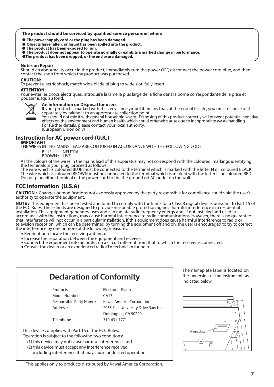 Declaration of conformity, Instruction for ac power cord (u.k.), Fcc information (u.s.a) | Kawai CA17 User Manual | Page 7 / 52