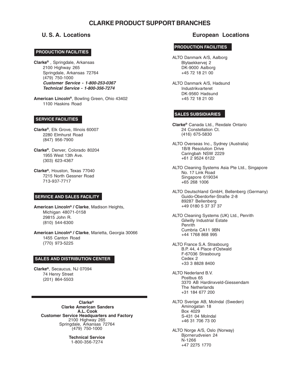 Clarke product support branches, U. s. a. locations european locations | Clarke CFP-200 User Manual | Page 35 / 36