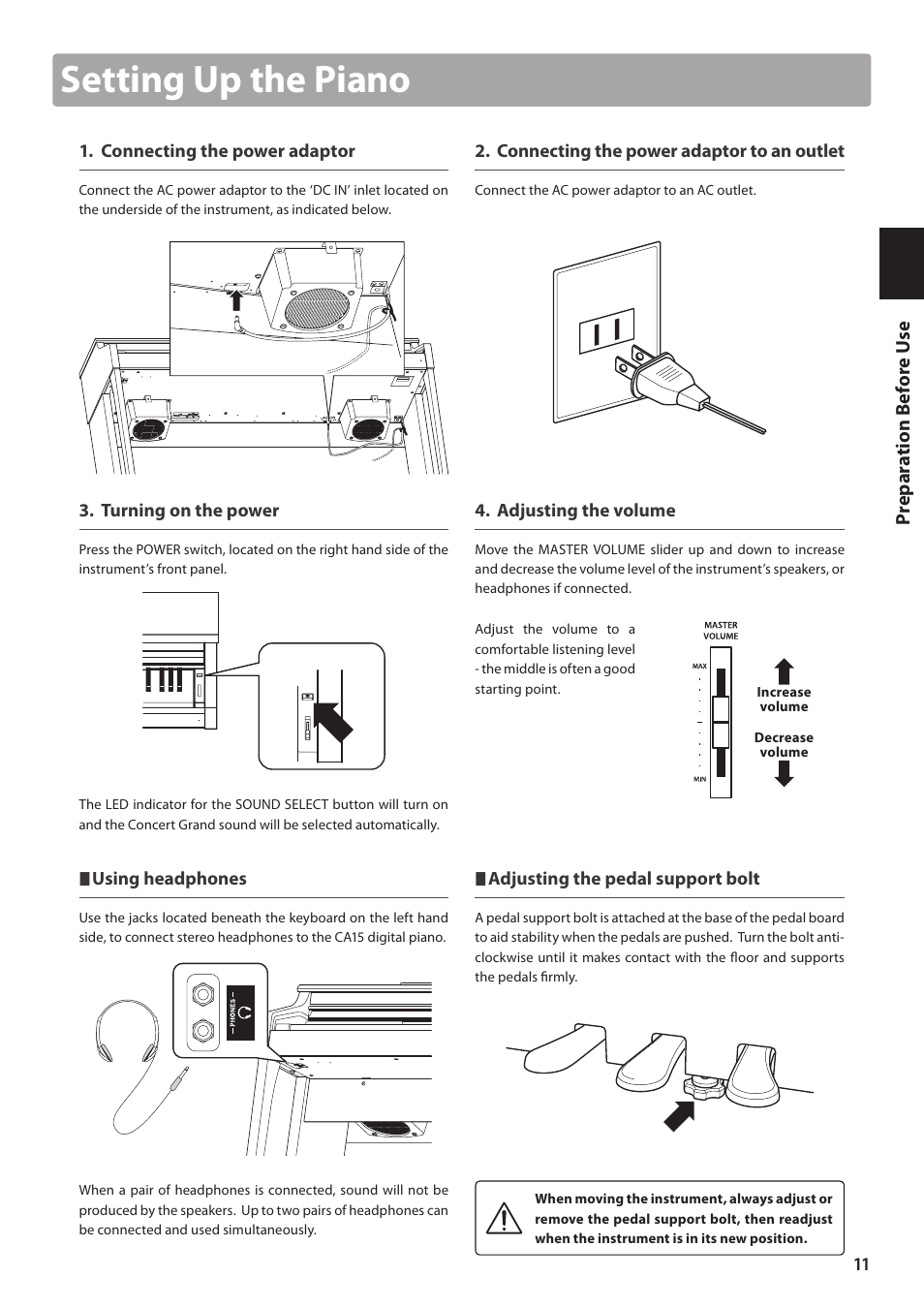 Setting up the piano, Prepar a tion before u se | Kawai CA15 User Manual | Page 11 / 54