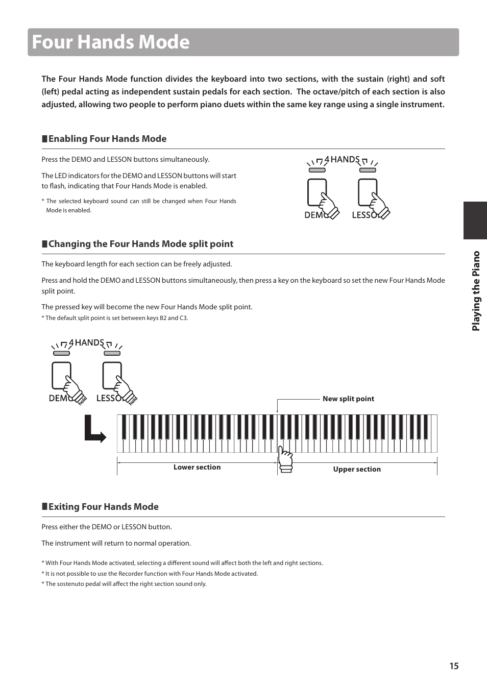 Four hands mode, Enabling four hands mode, Changing the four hands mode split point | Exiting four hands mode | Kawai CA15 User Manual | Page 15 / 54