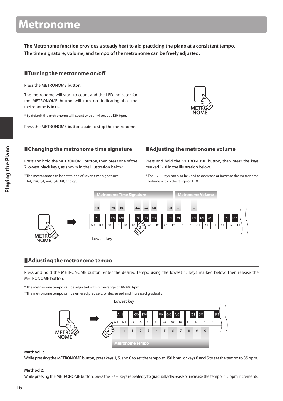 Metronome, Adjusting the metronome tempo, Turning the metronome on/off | Changing the metronome time signature, Adjusting the metronome volume | Kawai CA15 User Manual | Page 16 / 54