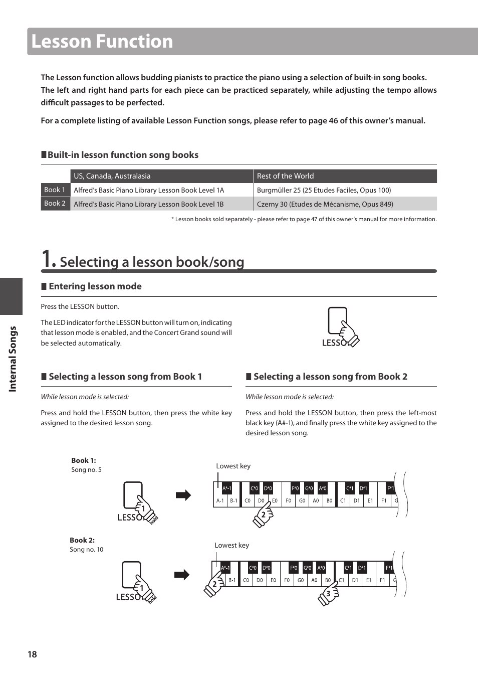 Lesson function, Selecting a lesson book/song | Kawai CA15 User Manual | Page 18 / 54