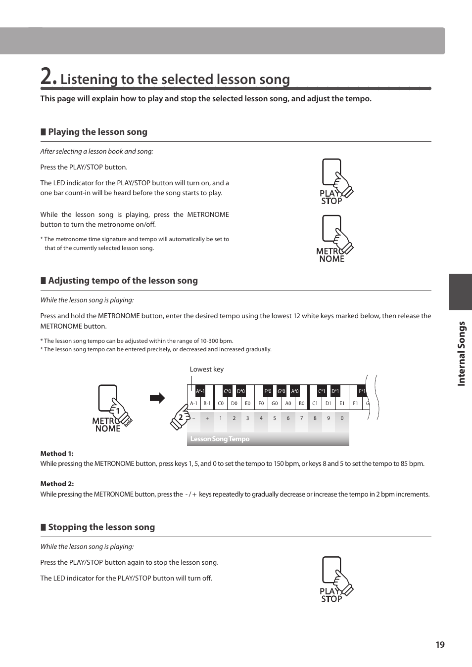 Listening to the selected lesson song, Playing the lesson song, Adjusting tempo of the lesson song | Stopping the lesson song | Kawai CA15 User Manual | Page 19 / 54