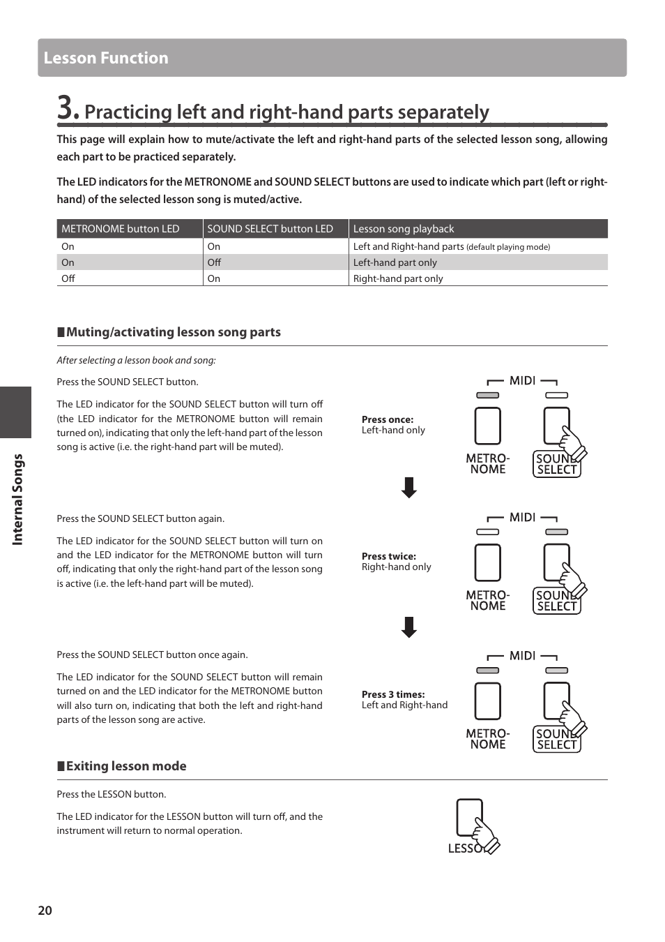 Practicing left and right-hand parts separately, Lesson function | Kawai CA15 User Manual | Page 20 / 54