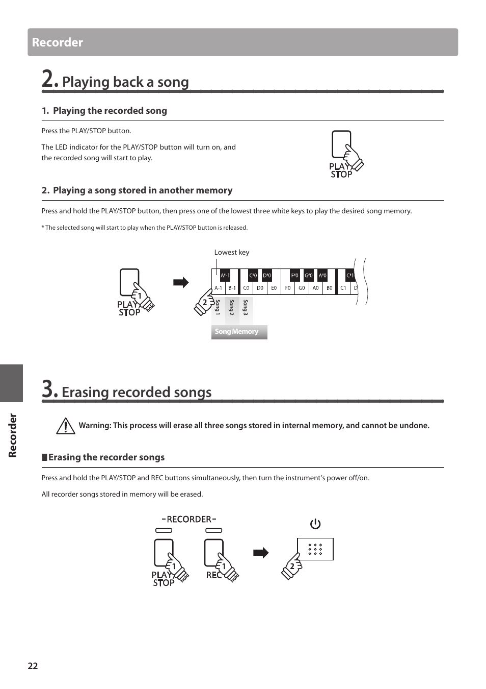 Playing back a song, Erasing recorded songs, Recorder | Re corde r | Kawai CA15 User Manual | Page 22 / 54