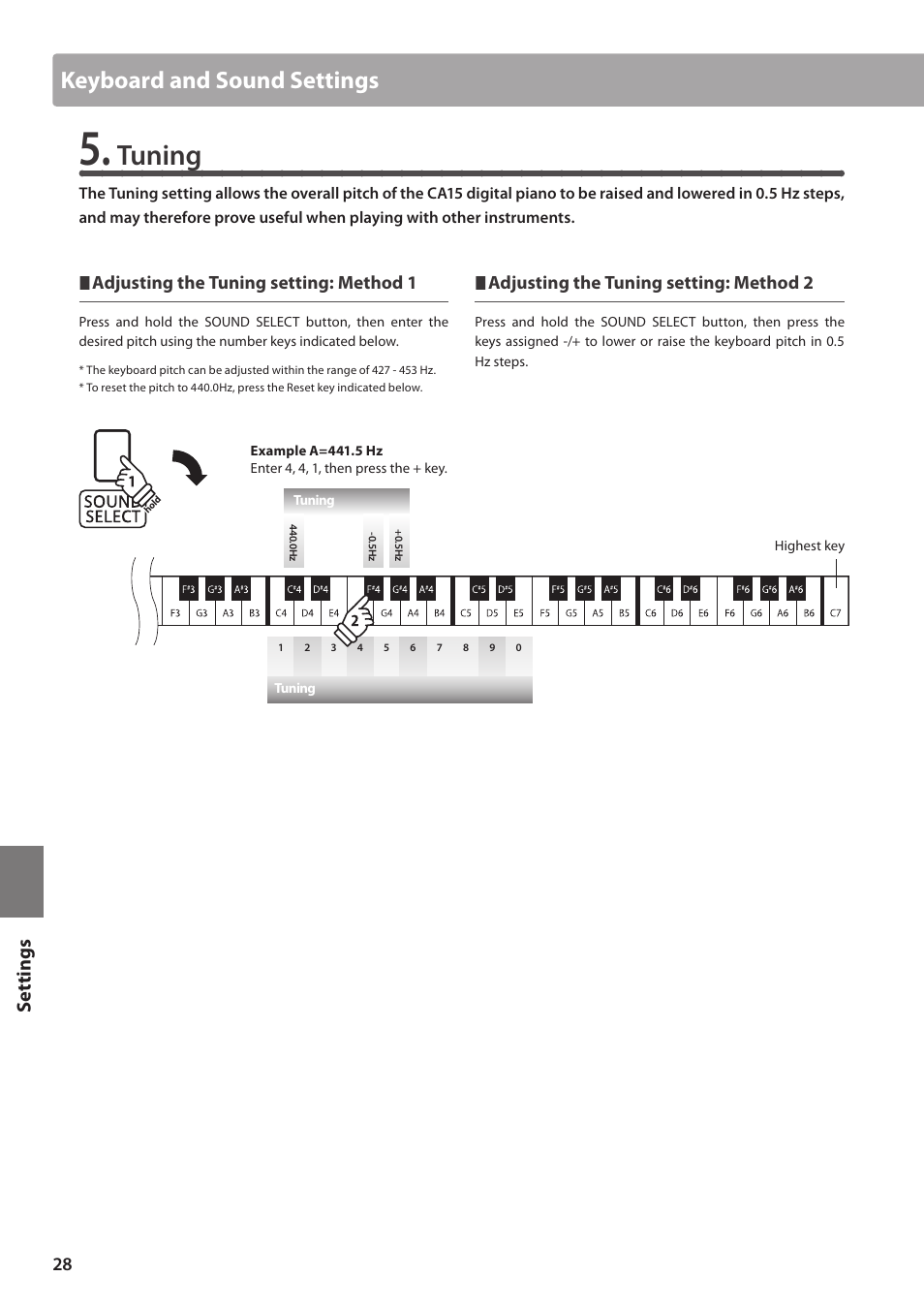 Tuning, Keyboard and sound settings, Set tings | Adjusting the tuning setting: method 1, Adjusting the tuning setting: method 2 | Kawai CA15 User Manual | Page 28 / 54