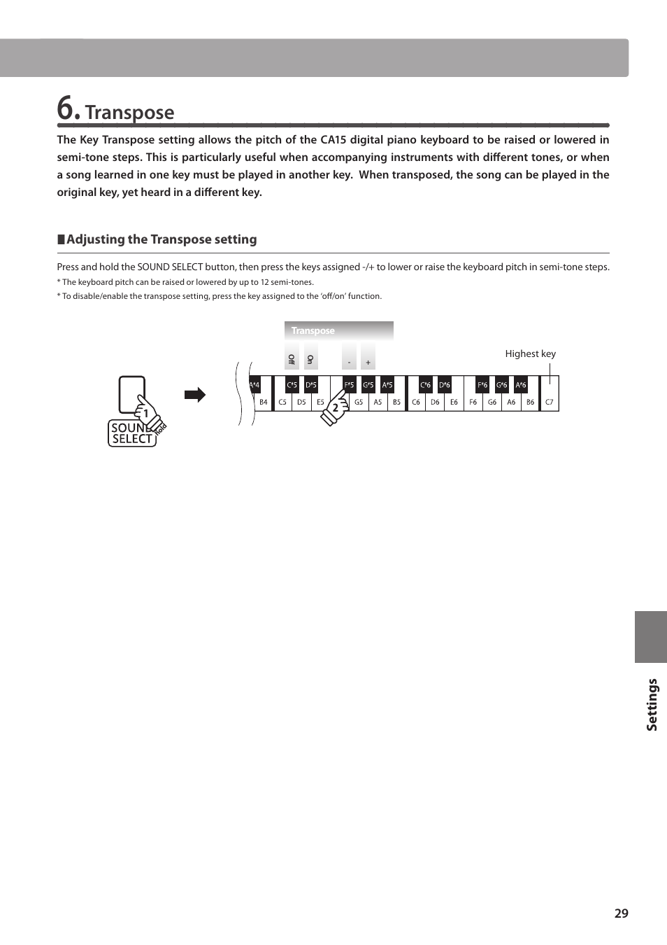 Transpose, Set tings | Kawai CA15 User Manual | Page 29 / 54