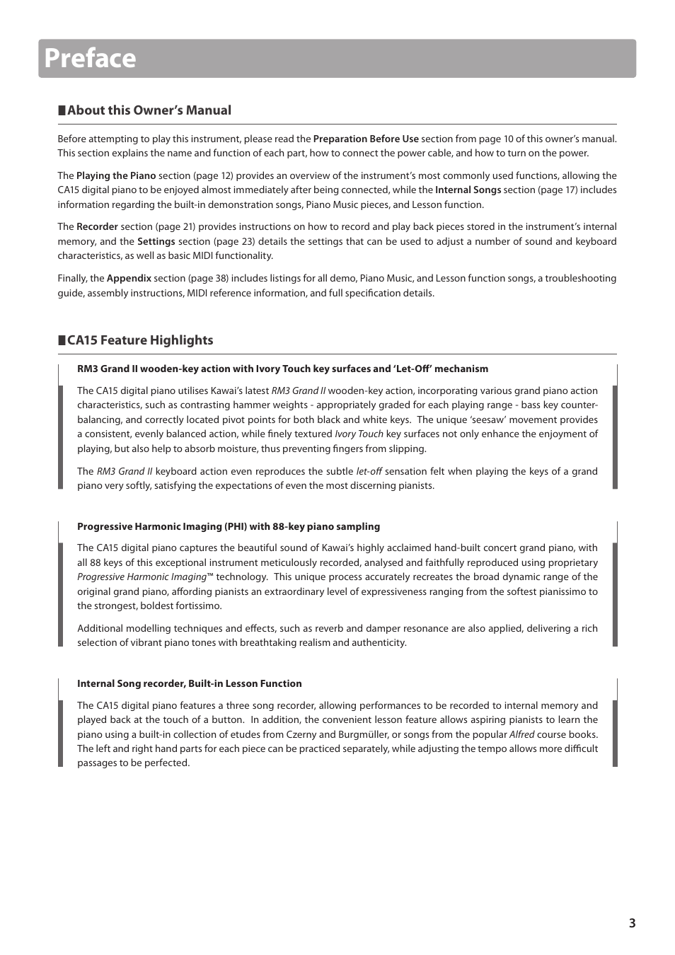 Preface, About this owner’s manual, Ca15 feature highlights | Kawai CA15 User Manual | Page 3 / 54