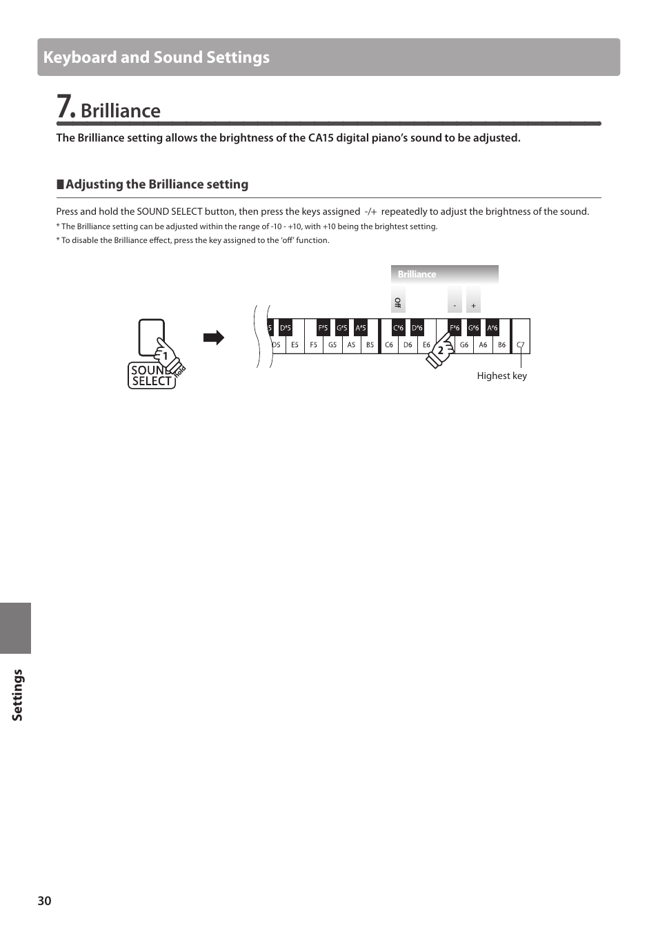 Brilliance, Keyboard and sound settings | Kawai CA15 User Manual | Page 30 / 54