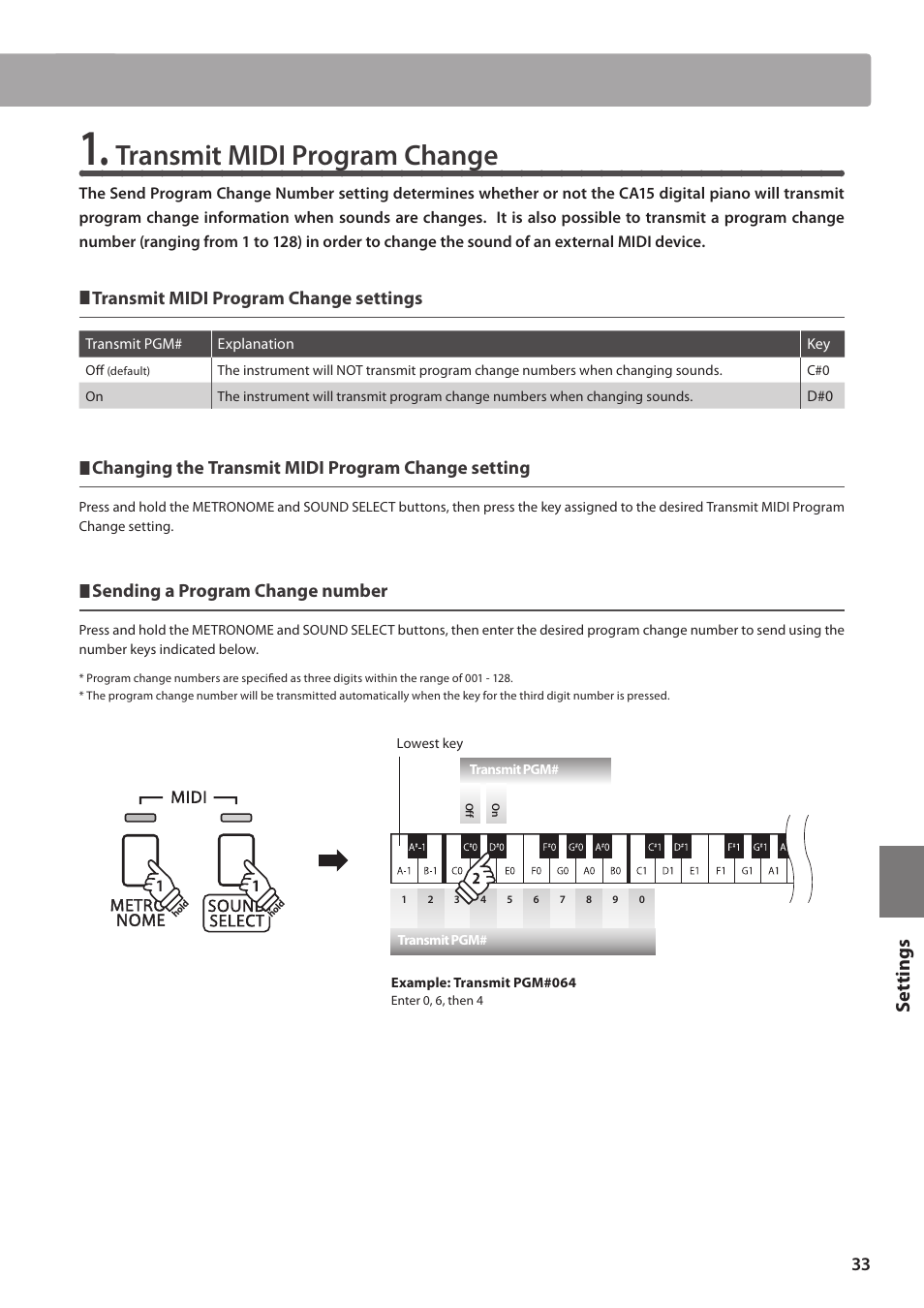 Transmit midi program change, Set tings, Transmit midi program change settings | Changing the transmit midi program change setting, Sending a program change number | Kawai CA15 User Manual | Page 33 / 54