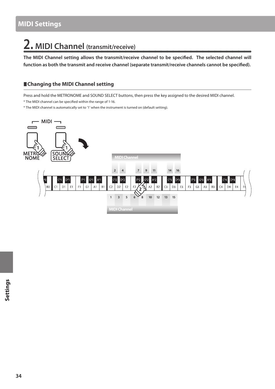 Midi channel, Midi settings, Transmit/receive) | Set tings, Changing the midi channel setting | Kawai CA15 User Manual | Page 34 / 54