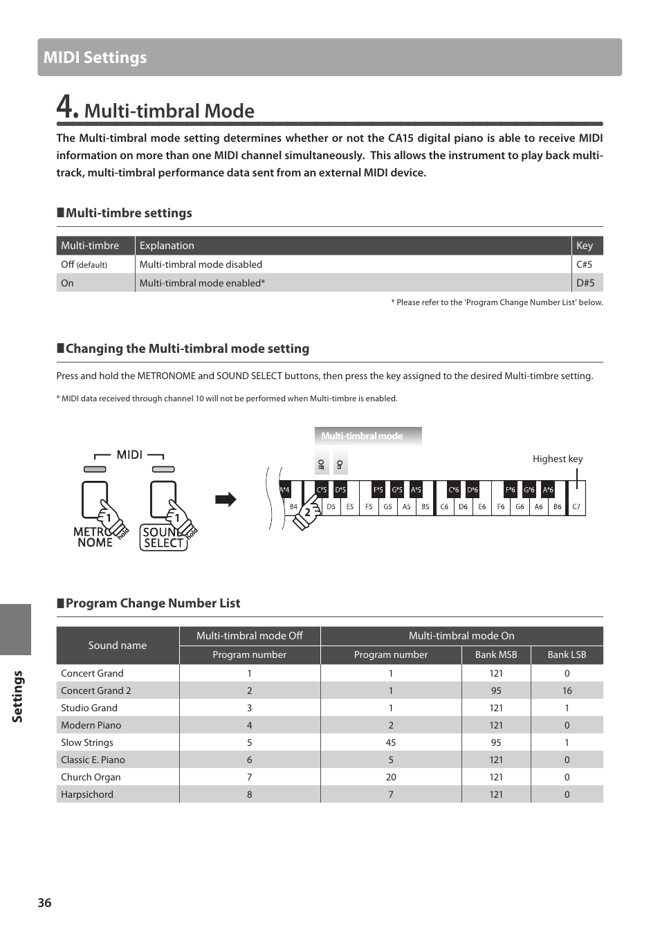 Multi-timbral mode, Midi settings, Set tings | Multi-timbre settings, Changing the multi-timbral mode setting, Program change number list | Kawai CA15 User Manual | Page 36 / 54