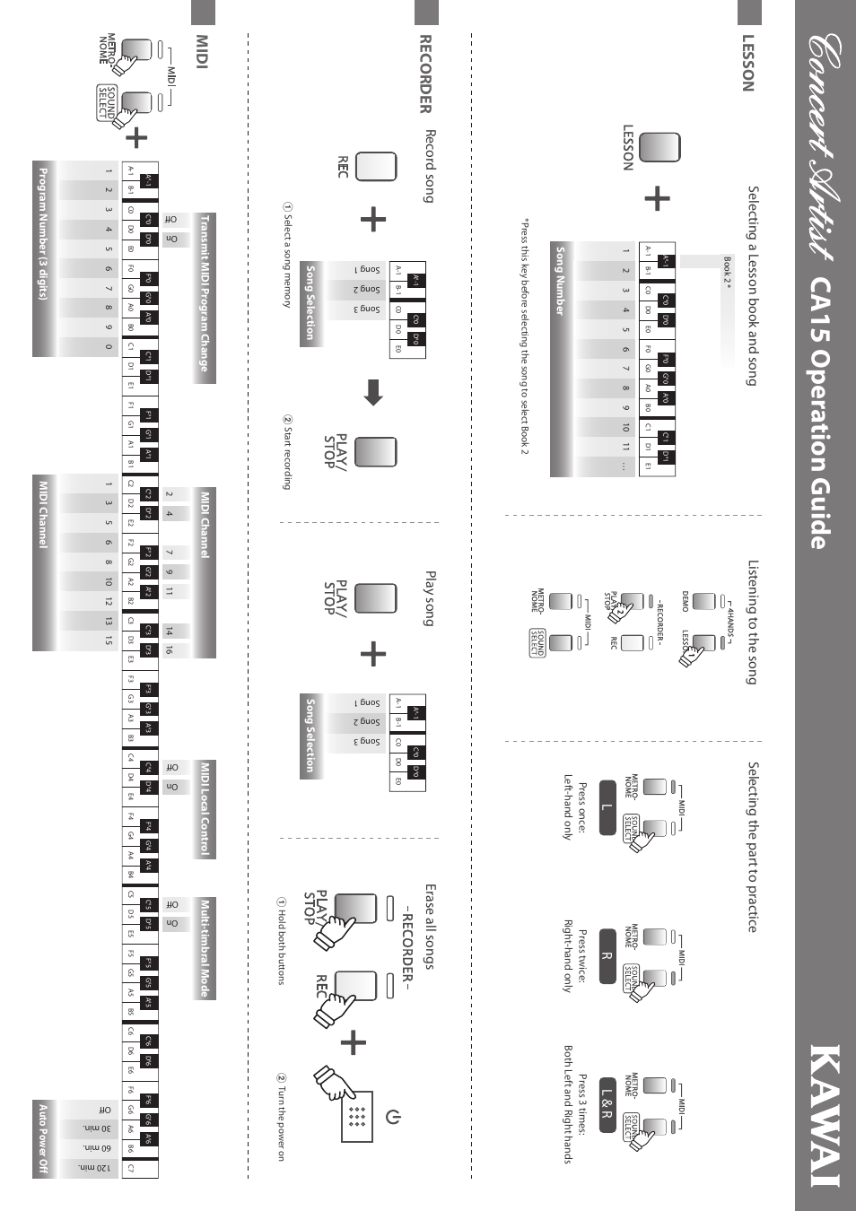 Ca15, Operation guide, Midi recorder lesson | Selecting a lesson book and song, Erase all songs, Play song record song, Listening to the song, Transmit midi program change, Midi channel auto power off, Song selection | Kawai CA15 User Manual | Page 52 / 54